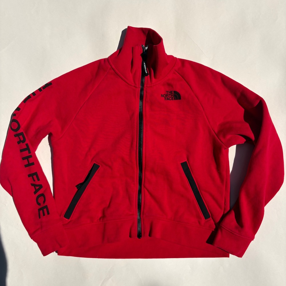 The North Face Womens Red Full Zip Track Jacket Mock Neck Graphic Sleeve Large